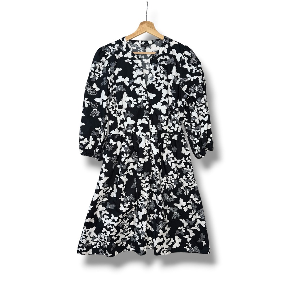 Talbots Dotted Butterfly Poplin Shirtdress Black 3/4 Sleeve 14 Petite Pockets